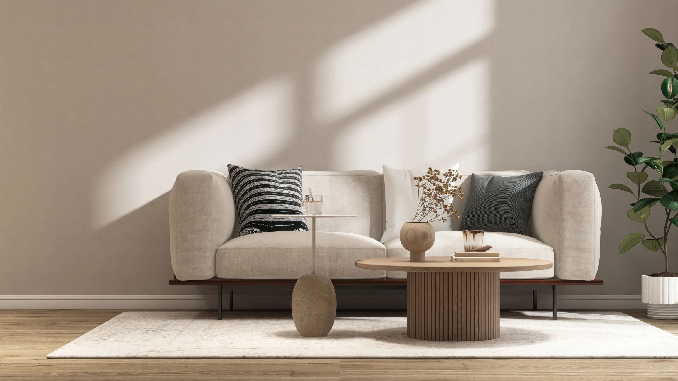 Neutral modern living room with soft light on the wall